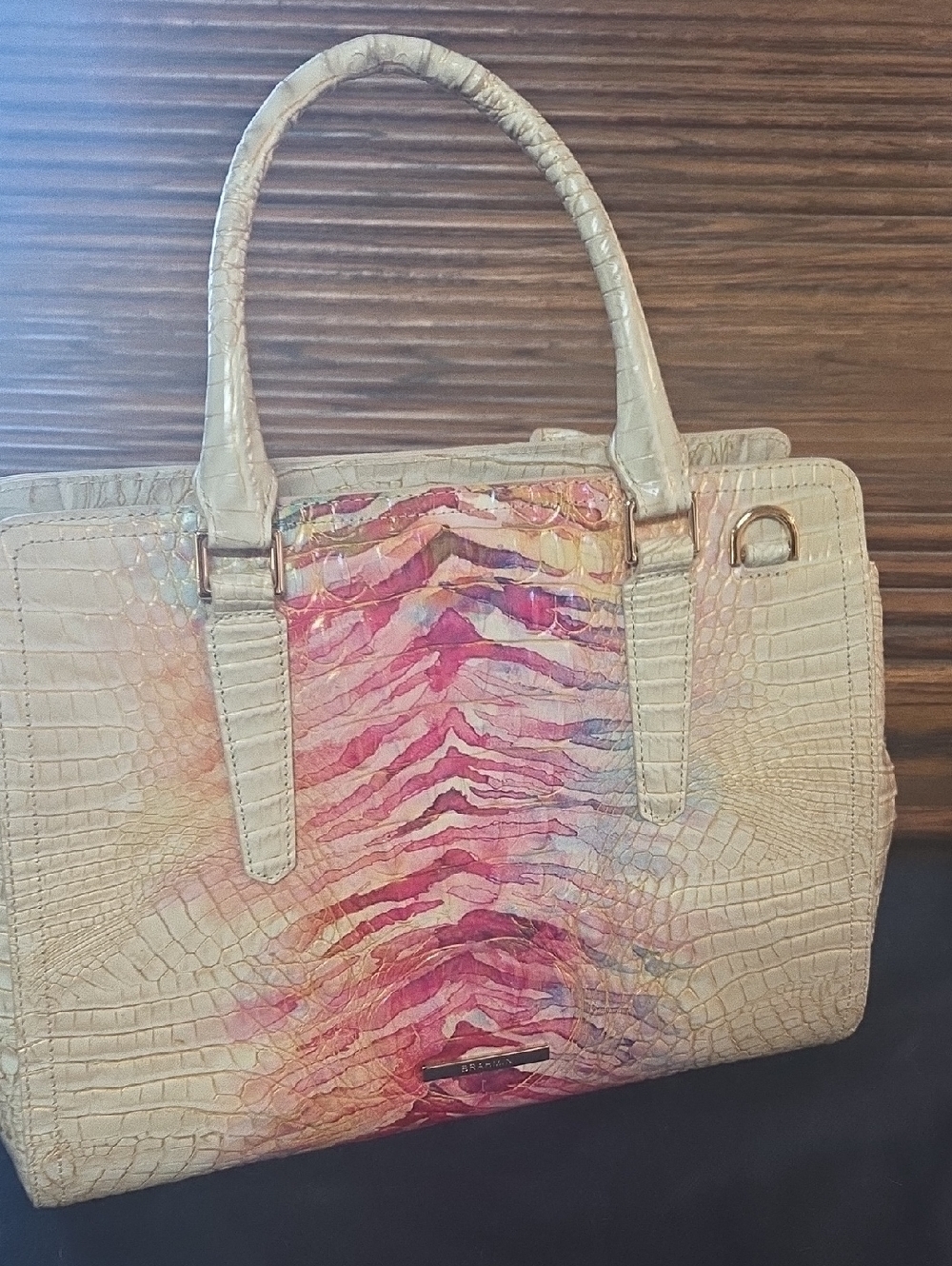 Cream Croc-Embossed Tote with Pink Watercolor Accent